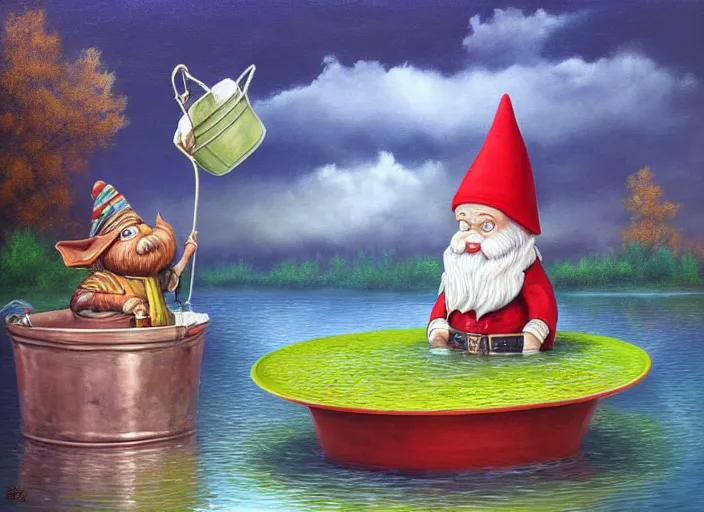 Image similar to a garden gnome sailing in a bucket, whimsical background of a reflective pond on a sunny day with dramatic clouds, an ultrafine detailed painting by mark ryden, trending on deviantart, pop surrealism, whimsical, lowbrow, joyous, perfect symmetrical face