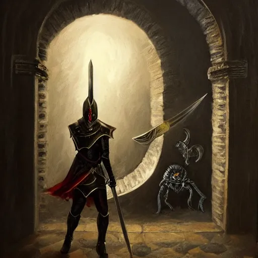 Image similar to arrogant knight casually pokes his sword into the abyssal portal, only to be met with unimaginable horrors from beyond, dark fantasy, oil painting, high detail