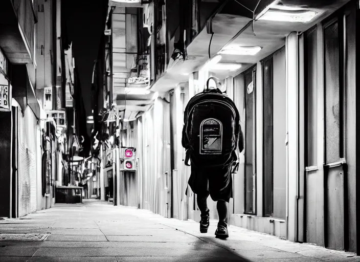 Image similar to photography of a Cat carrying a backpack . in a cyberpunk street. award winning photo, led lighting, night, 24mm, sharp, high res