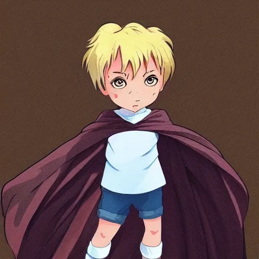 Prompt: blonde boy with glowing eyes wearing a brown cape and flying, in the style of studio ghibli, artgerm