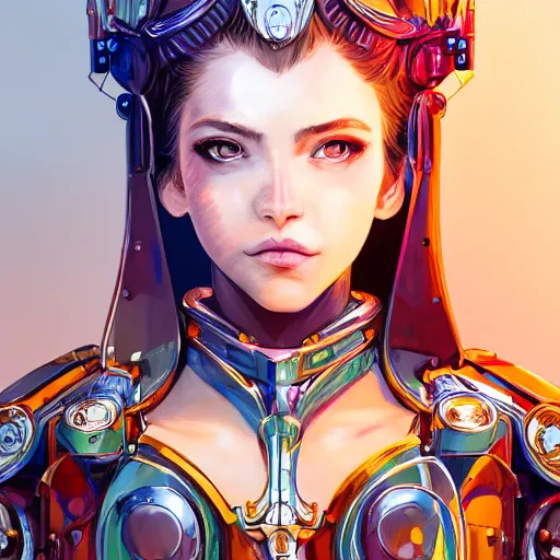 Image similar to studio portrait of lawful good colorful female holy mecha paladin absurdly beautiful, elegant, young sensual graceful woman, ultrafine hyperrealistic detailed face illustration by kim jung gi, irakli nadar, intricate linework, sharp focus, bright colors, matte, octopath traveler, final fantasy, unreal engine highly rendered, global illumination, radiant light, intricate environment