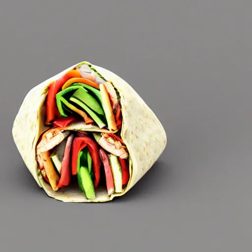 Prompt: kebab durum wrap, 3 d rendering, gray background, hd, insanely detailed