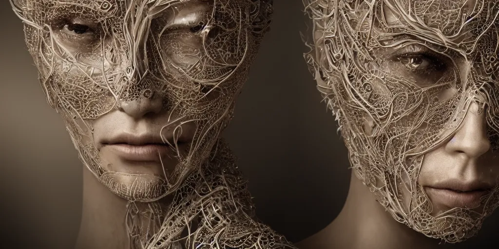 Prompt: realistic photography of a beautiful cyborg androgynous humanoid, hand on chin, holding close, in liquid, intricate filigree, in the style of beth cavener, jin kagetsu, wlop, highly detailed, symmetry, masterpiece, concept art, ringflash, highkey lighting, ambient lighting, octane render, 8 k, artstation