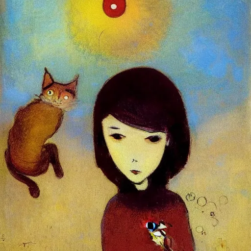 Prompt: manga spider with girl face and her cat with 8 legs wolking on street by odilon redon