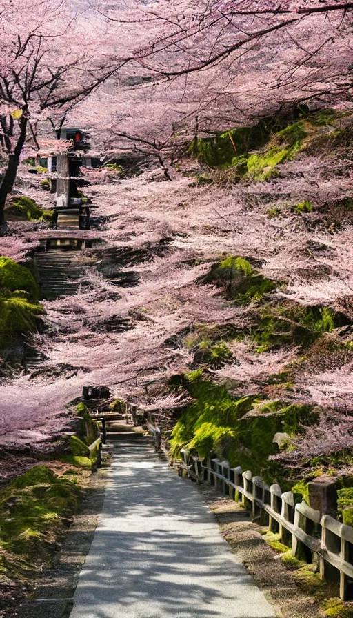 Image similar to a shinto shrine path atop a mountain,spring,cherry trees,beautiful,nature,distant shot,random angle