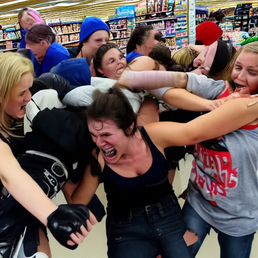 Prompt: sarah hylands fighting in a mosh pit at wal - mart
