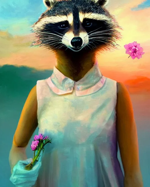 Image similar to closeup portrait beautiful female anthropomorphic raccoon wearing a dress on salt flats holding a flower, surreal photography, sunrise, dramatic light, impressionist painting, colorful clouds, digital painting, artstation, simon stalenhag