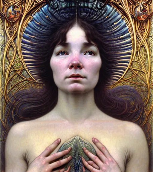 Image similar to detailed realistic beautiful young medieval bjork face portrait by jean delville, gustave dore and marco mazzoni, art nouveau, symbolist, visionary, gothic, pre - raphaelite. horizontal symmetry by zdzisław beksinski, iris van herpen, raymond swanland and alphonse mucha. highly detailed, hyper - real, beautiful