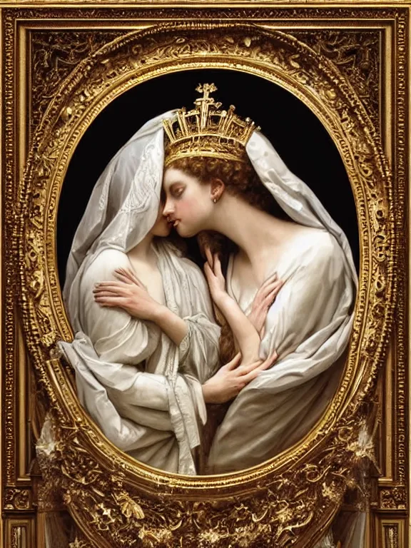 Image similar to a beautiful render of two baroque catholic veiled queen with symmetry intricate detailed heart,relief sculpture,pray,by Lawrence Alma-Tadema, Maria Mirage,peter gric,aaron horkey,Billelis,trending on pinterest,hyperreal,gold,silver,ivory,maximalist,glittering,golden ratio,cinematic lighting