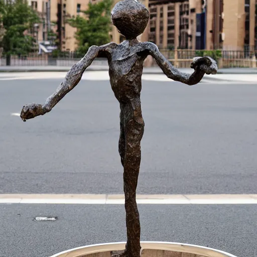 Image similar to high resolution photograph of a bronze cast stick figure sculpture in a roundabout in the style of giacometti