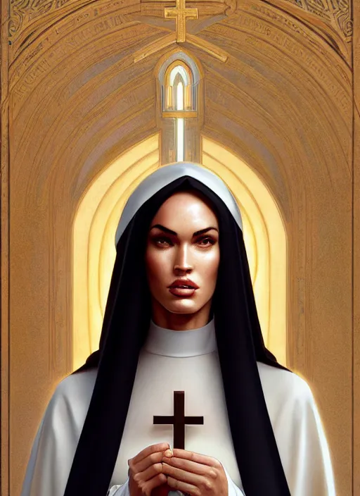 Image similar to portrait of megan fox as a sultry nun, catholic, church, bible, christian, intricate, headshot, highly detailed, digital painting, artstation, concept art, sharp focus, cinematic lighting, illustration, art by artgerm and greg rutkowski, alphonse mucha, cgsociety