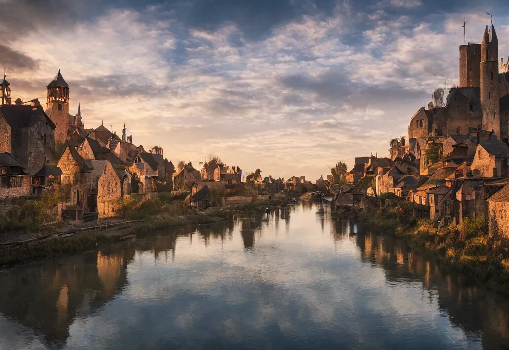 Image similar to a fantastic medieval township on the banks of a giant river, morning, beautiful, high contrast, 4 k, cinematic