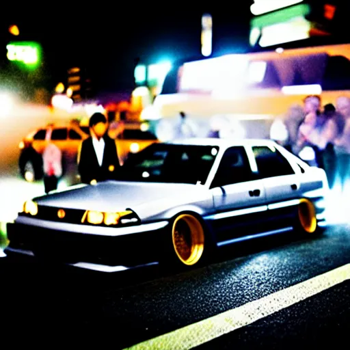 Image similar to a car JZX100 at illegal car meet, Shibuya prefecture, city midnight mist, cinematic color, photorealistic, highly detailed, 200MM