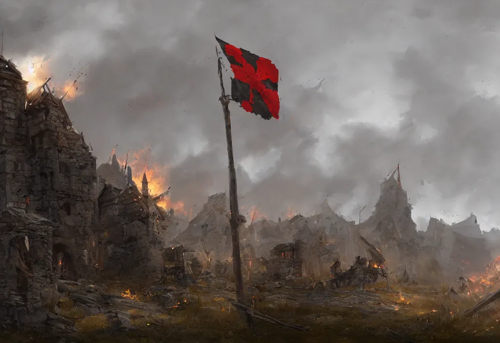 Prompt: a small ruined stronghold with a burning swedish flag hanging from a broken flag pole, artstation, jakub rozalski, high detail