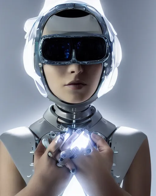 Prompt: centered portrait of soulful young sabrina salerno as a solarpunk mecha humanoid robotic parts wearing crystal goggles with bright led lights, real human face, pudica gesture bouguereau style, in white room, ultra - realistic and intricate, soft portrait shot 8 k