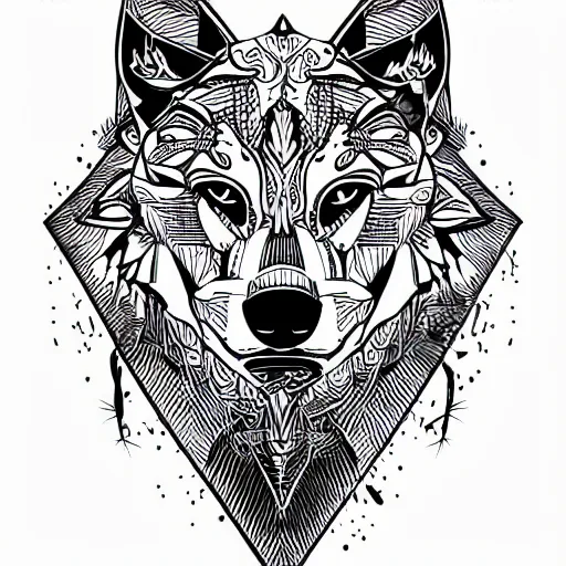 Prompt: tattoo stencil. pencil line drawing, black and white vector, wolf, photoshop