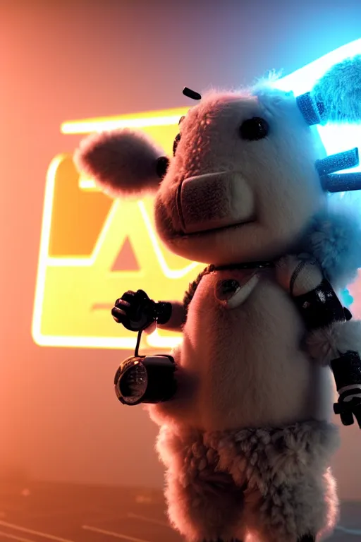 Image similar to high quality 3 d render very cute fluffy! cyborg cow plays guitar, cyberpunk highly detailed, unreal engine cinematic smooth, in the style of blade runner & detective pikachu, hannah yata charlie immer, moody light, low angle, uhd 8 k, sharp focus