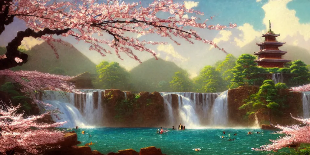 Image similar to a beautiful rendering of an art deco Shangri-la brownstone temple on a platform that extends over a great waterfall, Sakura cherry blossoms , by Albert bierstadt and jonas de ro and studio ghibli, trending on artstation-H 576