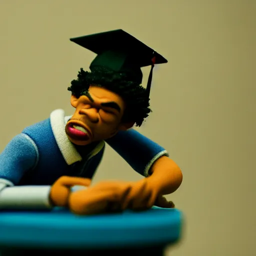 Image similar to a cinematic film still of a claymation stop motion film starring chance the rapper as a college student, shallow depth of field, 8 0 mm, f 1. 8