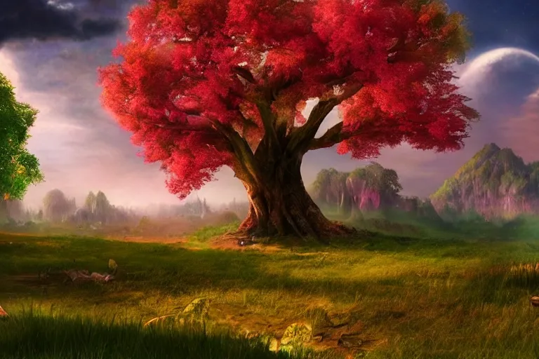 Image similar to Landscape of a beautiful enchanted fantasy world. Colorful. A giant tree. Cinematic lighting. Photorealism.