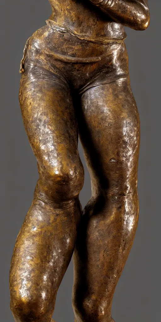 Image similar to detailed photo of old bronze patina statue of a lara croft dancing woman, full body, photorealism, intricate detail, museum diffuse lighting