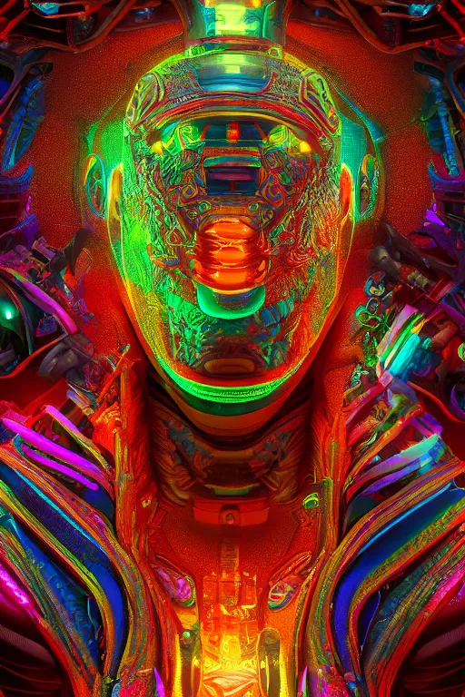 Image similar to a shamanic god made from colorful intricate alien technology in futuristic dreamscape detailed artwork, extremely detailed and high quality, global illumination, octane render, digital art trending on artstation