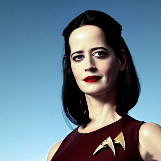 Image similar to a full body photograph of 3 0 year old eva green as a star fleet officer from star trek next generation, extreme realism and detail, 8 k, completely framed, direct lighting, 3 5 mm photo, photorealistic, sharp focus