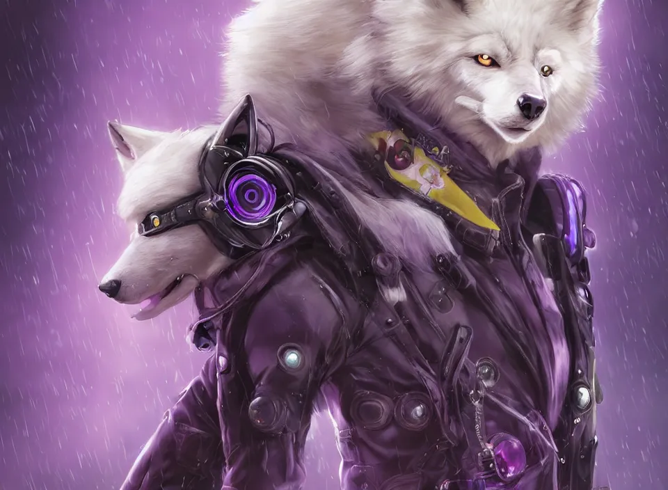 Image similar to award winning beautiful portrait commission of a male furry anthro albino wolf fursona with a tail and a cute beautiful attractive detailed furry face wearing stylish black, purple and yellow cyberpunk biker clothes riding a cybertech motorcycle in a cyberpunk city at night while it rains. Character design by charlie bowater, ross tran, artgerm, and makoto shinkai, detailed, inked, western comic book art