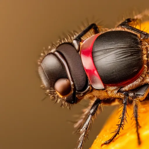 Prompt: a macro photograph of a fly with the head of donald trump