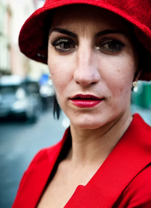 Image similar to close up portrait of beautiful 35-years-old Italian woman, wearing a red outfit, well-groomed model, candid street portrait in the style of Martin Schoeller award winning, Sony a7R