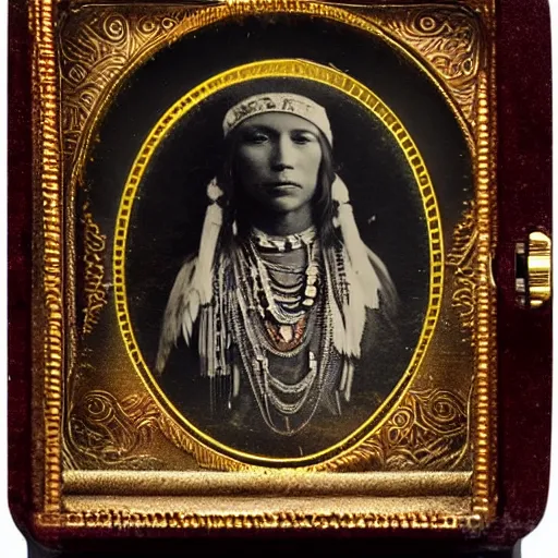 Prompt: daguerreotype ambrotype of a native american high priestess very intricate, highly detailed,