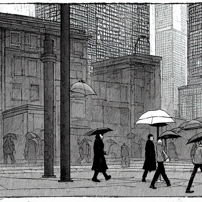 Image similar to sales stall selling umbrellas, in a square, pedestrians walk past. background of old soviet monument. storyboard, scifi cyberpunk. by gabriel hardman, joe alves, chris bonura. cinematic atmosphere, detailed and intricate, perfect anatomy