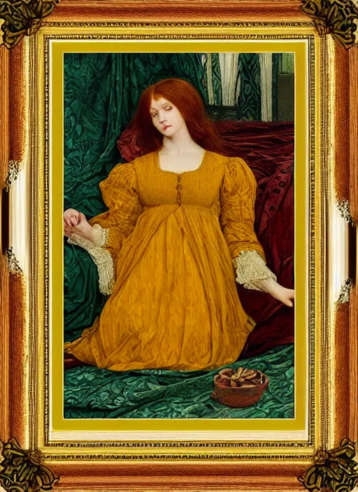 Image similar to preraphaelite portrait photography reclining on bed, framed, big brown fringe, yellow ochre ornate medieval dress, william morris, 4 k