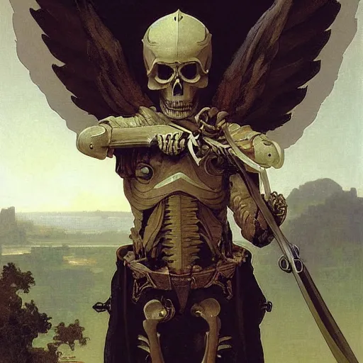 Image similar to portrait of a fully armed skeleton archer with big sword, wearing helmets and armor with wings, symmetrical, solemn, sacred, aura, by bouguereau