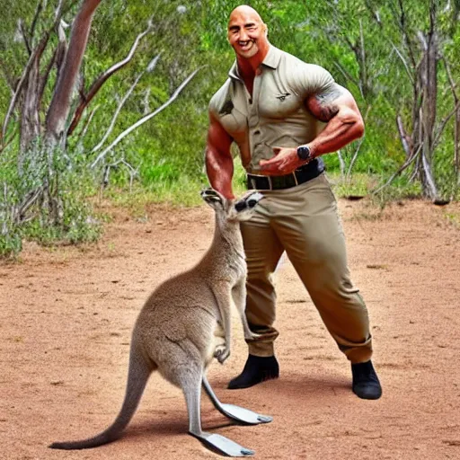 Prompt: kangaroo dwayne johnson, wearing a safari outfit