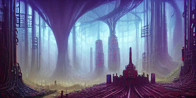 Image similar to painting of redwood forest labyrinth consuming cyberpunk metropolis in the style of nebulapunk by dan seagrave and tomasz alen kopera with futuristic castle by simon stahlenhag