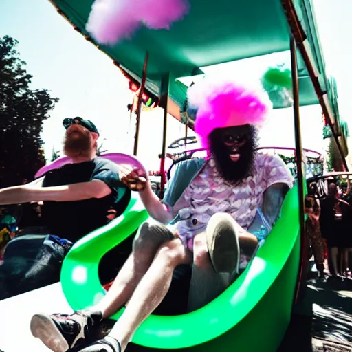 Image similar to death grips riding tilt - a - whirl at a carnival, eating cotton candy, mc ride, zach hill, andy morin,