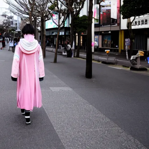 Image similar to a single person walking in Harajuku pastel colors