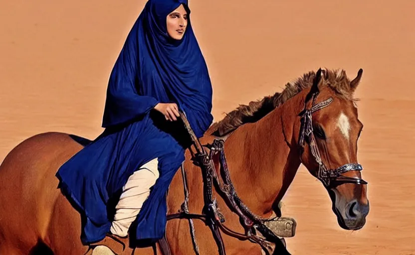 Image similar to beautiful burqa's woman, riding a horse!!! in saharan, sharp eyes, handling riffle on chest, shooting pose, perfect posture, dust, cinematic, dynamic pose, pinterest, center of interest