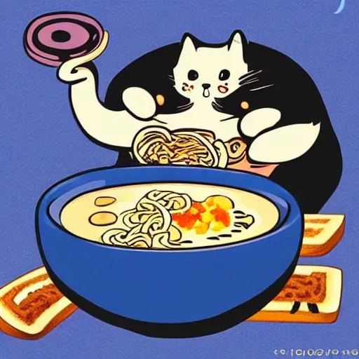 Image similar to fat cat eating ramen noodles on toast, japanese art artstation trending