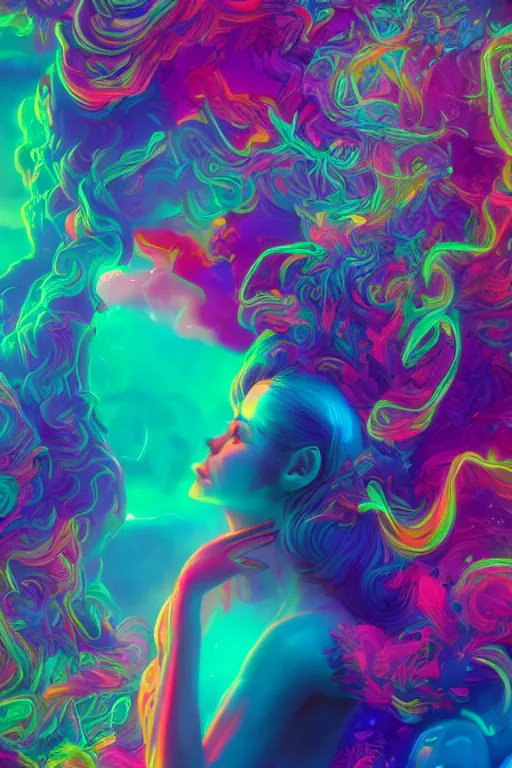 Prompt: a gorgeous girl engulfed in colorful liquid clouds and neon smoke, extremely psychedelic experience, psilocybin, dmt, lsd face, highly detailed, artstation, concept art, digital art by hana yata, and artem demura and beeple, octane render, unreal engine, 8 k