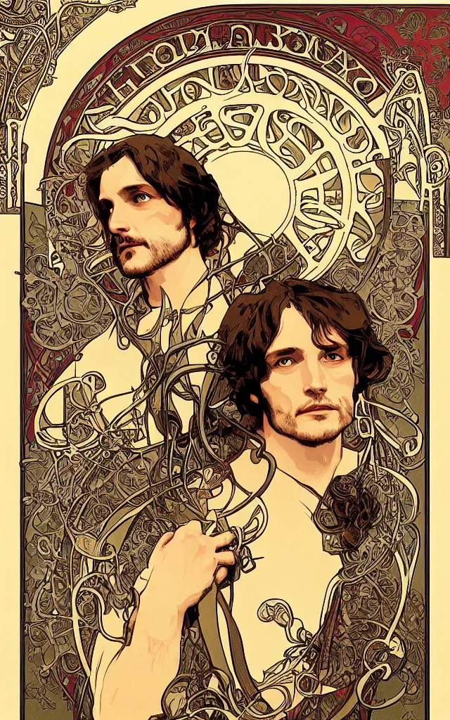 Image similar to Will Graham from NBCs Hannibal in portrait Alphonse Mucha art nouveau style, detailed high definition poster, photorealistic brutal artwork, featured on artstation, powerful, high definition, large file size, advertisement