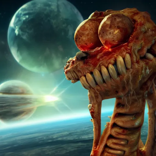 Image similar to eldritch horror bloody garfield in space, hd, 8 k, giant, epic, realistic photo, unreal engine, stars, prophecy, powerful, cinematic lighting, destroyed planet, debris, violent, sinister, ray tracing, dynamic, epic composition, dark, horrific, teeth, grotesque, monochrome drawing, hellscape