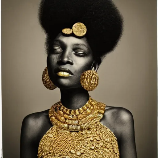 Image similar to portrait of an afro woman with gold clothings and jewelry photographed by irving penn