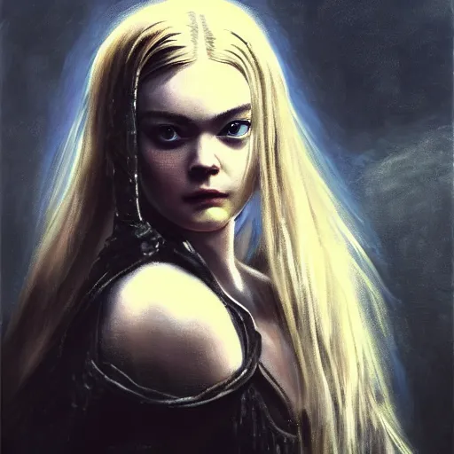 Prompt: ultra realistic medium shot portrait painting of elle fanning in dark souls, art by frank frazetta, 4 k, ultra realistic, highly detailed, epic lighting