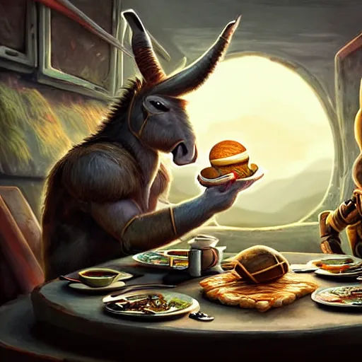 Prompt: ultrarealistic, ultradetailed, battle donkey eating breakfast, sitting on a futuristic table with aliens, at the end of the universe, very very very ultradetailed, epic fantasy style art, fantasy epic digital art, epic fantasy art, hearthstone style art