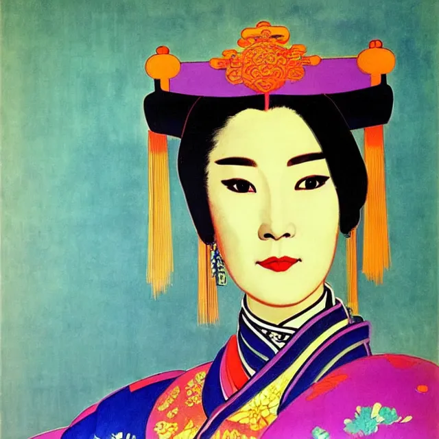 Image similar to a beautiful painting cyberpunk the empress of the qing dynasty of china, by andy warhol henri matisse art deco lumion render realistic oil painting