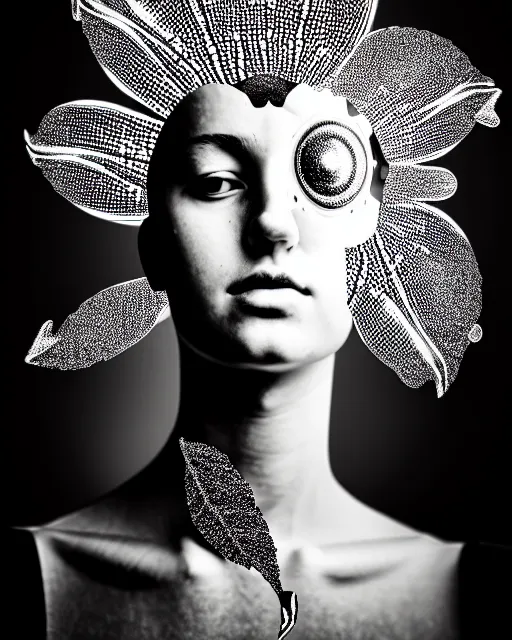 Prompt: black and white dreamy spiritual fish - cyborg high quality portrait photo, microchip leaves, artificial intelligence, cinematic, rim light, photo - realistic, elegant, high detail, 8 k, masterpiece, high fashion