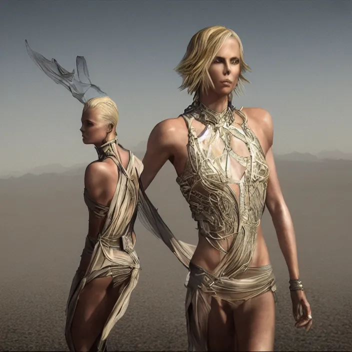 Image similar to Charlize Theron. intricate artwork. in black rock desert, ((at burning man)). octane render, trending on artstation, very coherent symmetrical artwork. cinematic, hyper realism, high detail, octane render, 8k, iridescent accents