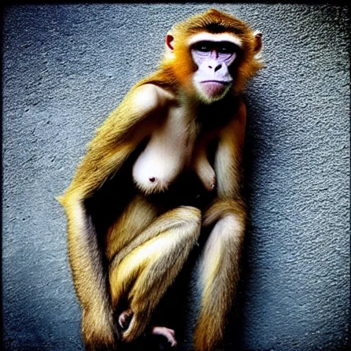 Image similar to “ a primitive woman like a monkey posing for a photo in a fashion way”